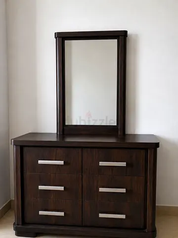 Dark Wood Dresser with Mirror - 6 Drawers, Good Condition