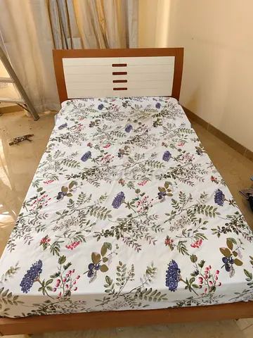 Single wooden storage bed frame with headboard and floral mattress (good condition)
