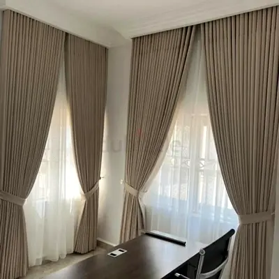Beige Full-Length Pleated Curtains with Sheer Liners - Set for Living Room/Office