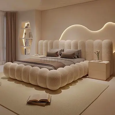 Modern Plush Bubble Bed with Matching Nightstand - Beige new