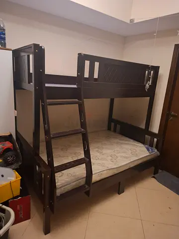 Solid Dark Wood Bunk Bed with Mattress - Good Condition