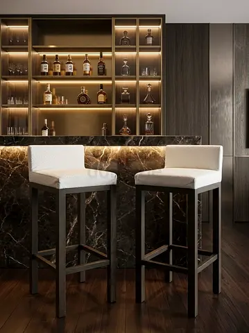 Italian Set of 2 Modern Leather Bar Stools with Dark Wood Frame