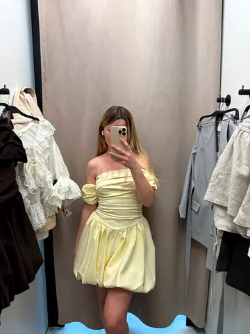 Pale Yellow Off-Shoulder Mini Dress - Bubble Skirt, Size Appears S/M
