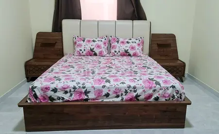 Wooden King bed with headboard, under Bed Storage and side tables - good condition