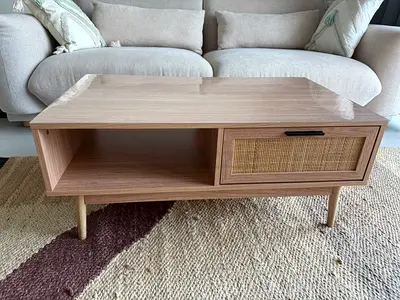 Light wood coffee table with rattan drawer - good condition
