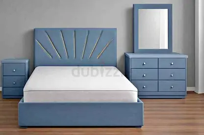 New Blue upholstered bed frame with matching dresser, nightstand and mirror - set of 3