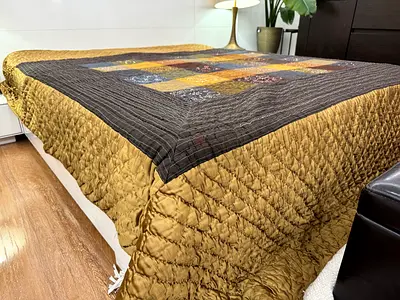 Beautiful Golden Bedspread with center square decorations, 260x225cm