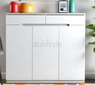 White Modern Storage Cabinet with Drawers and Doors