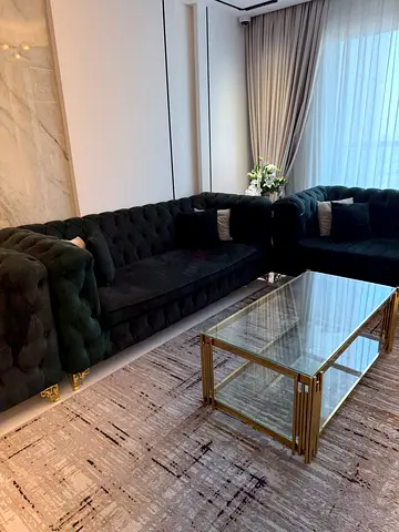 Green Velvet Sofa - 6-Seater Chesterfield Style and tables, very Good Condition
