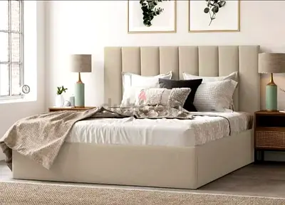New Upholstered Beige Queen size Bed with Padded Headboard and Mattress