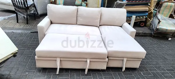 Beige Fabric Convertible Sofa Bed with Storage (Right Chaise)