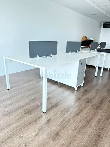 White 4-Seat Office Workstation Desk with Storage and Privacy Panels