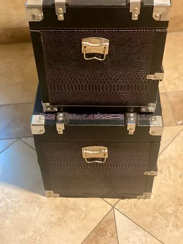 Set of 2 Black Faux Leather Storage Trunks with Metal Corners
