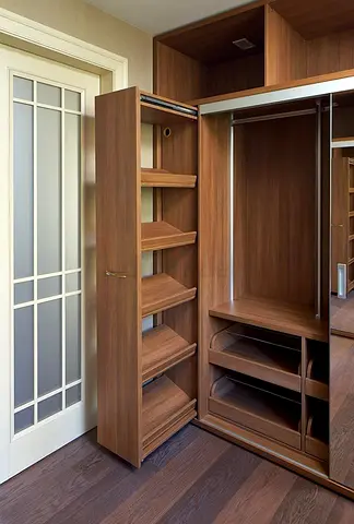 Solid Wood Walk-in Closet Wardrobe with Pull-out Shelves and Hanging Rails