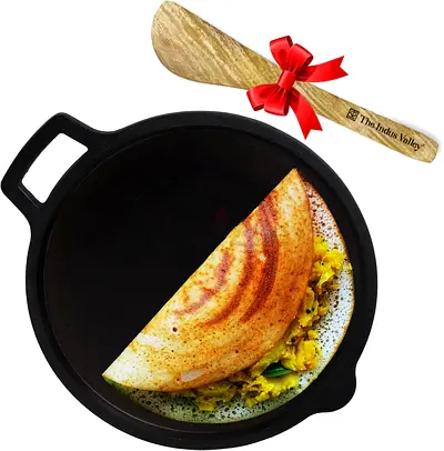 The Indus Valley Super Smooth Cast Iron Tawa with Free Wooden Spatula for Dosa/Chapathi | 27.6cm/10.