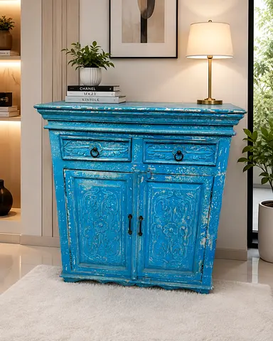 Vintage Distressed Blue Wooden Cabinet / Sideboard - 2 Drawer 2 Door