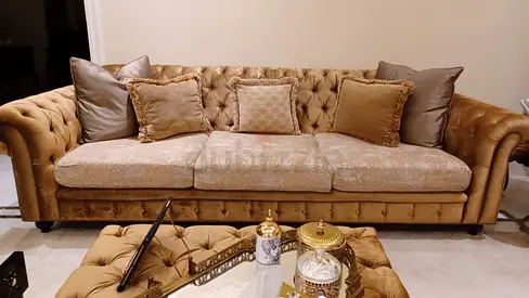 Beige Velvet Chesterfield two 3-Seater Sofa with Cushions and 1 sofa 2 seater.