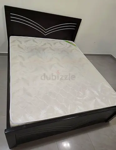 Queen Bed Frame with Mattress - Dark Wood, Good Condition
