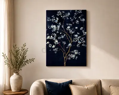 Framed Floral Tree Wall Art Painting - Navy Blue Canvas