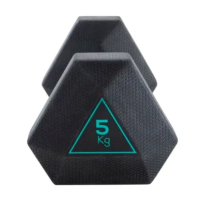 Single 5 kg Hex Rubber DOMYOS Dumbbell