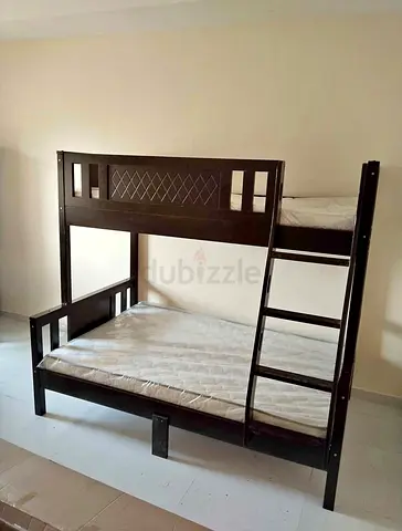 Solid Wood Bunk Bed (Double Bottom, Single Top) with Ladder - Dark Brown