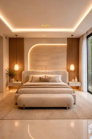 Modern Neutral King Bed with Upholstered Headboard and Bench