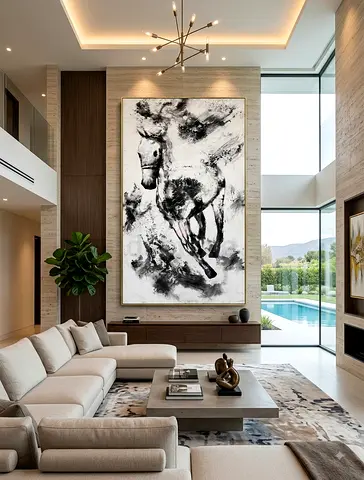 Large handmade Abstract Black & White Horse Painting on Canvas with wooden panels (220 x 120 cm)