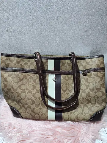 Coach signature canvas tote bag with stripe - brown
