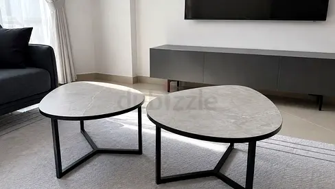 Set of 2 Modern Stone-Top Nesting Coffee Tables with Black Metal Bases