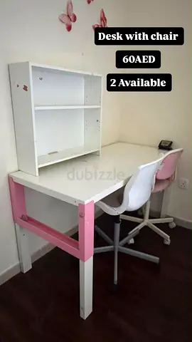 White and Pink Study Desk with Shelf + Chair (Set of 2) - AED 60 each