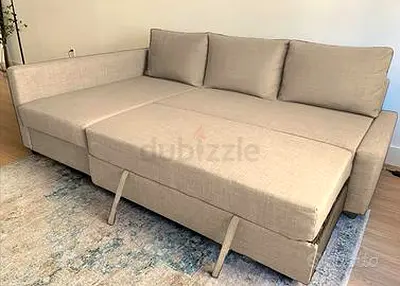 Light Beige L-Shaped Sofa Bed - Converts to Double Bed, Good Condition