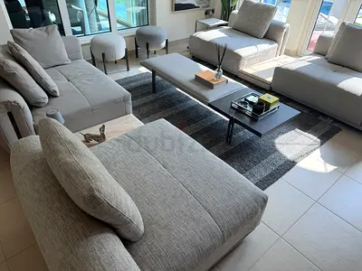 full set Ebarza Puzzle Modular Sofa Set + 2 Travertine Stone Tables