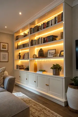 Built-in White Bookshelf Unit with Cabinet Storage and LED Lighting