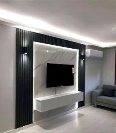 Modern floating TV entertainment wall unit with marble panel and LED lighting
