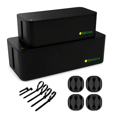 Cable Management Box Set | Large + Medium 2-Pack | Luxury Black with Clips & Ties — Black (2pcs)