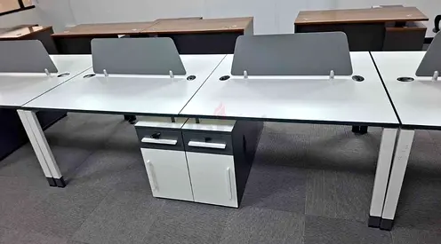 Office workstations set with storage cabinets — 3 desks, modern white finish