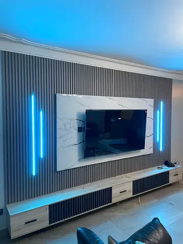 Modern TV Entertainment Unit with Marble Panel and LED Lights