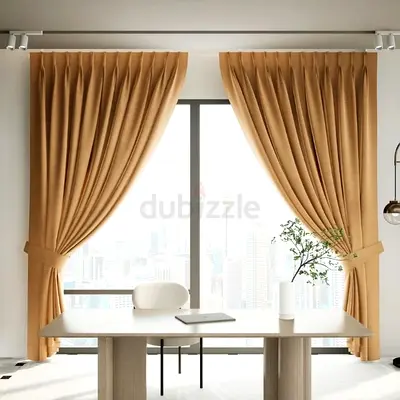 Beige Full-Length Fabric Curtains - Pair