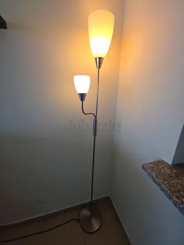 Two-light floor lamp with reading light — silver metal, perfect condition