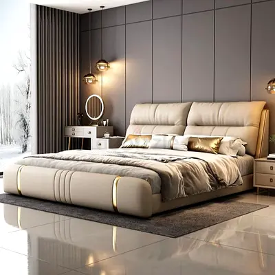 Modern Beige Upholstered King Bed with Padded Headboard