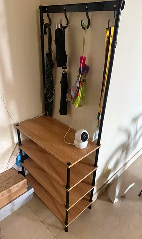 Tall wooden shelving unit with coat hooks - compact hall organizer