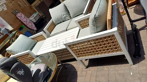Outdoor Wicker-Accented 3-Seater Sofa Set with Coffee Table - Light Grey Cushions