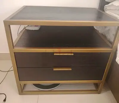 Crate and Barrel Nightstand with Gold Metal Frame and Two Drawers