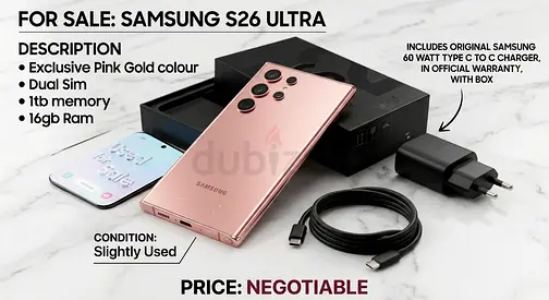 Samsung S26 Ultra 5G- Pink Gold, 1TB, 16GB RAM, in Official Warranty