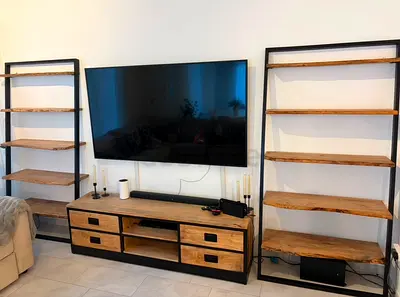 Wood and Metal TV Stand with Matching Shelves - Good Condition