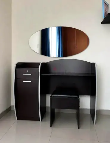 Compact Dark Wood Dressing Table with Stool and Mirror