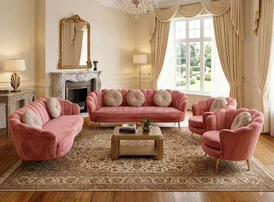 Velvet Pink 4-Piece Sofa Set with Accent Chairs - Excellent Condition