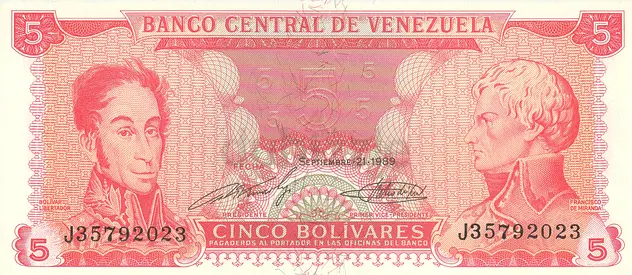 VENEZUELA 5 BOLIVARES BANKNOTE 1989