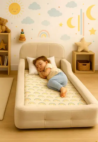 Toddler Floor Bed with Cushioned Sides — Beige