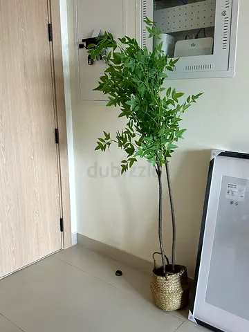 Tall Artificial Potted Tree with Woven Basket